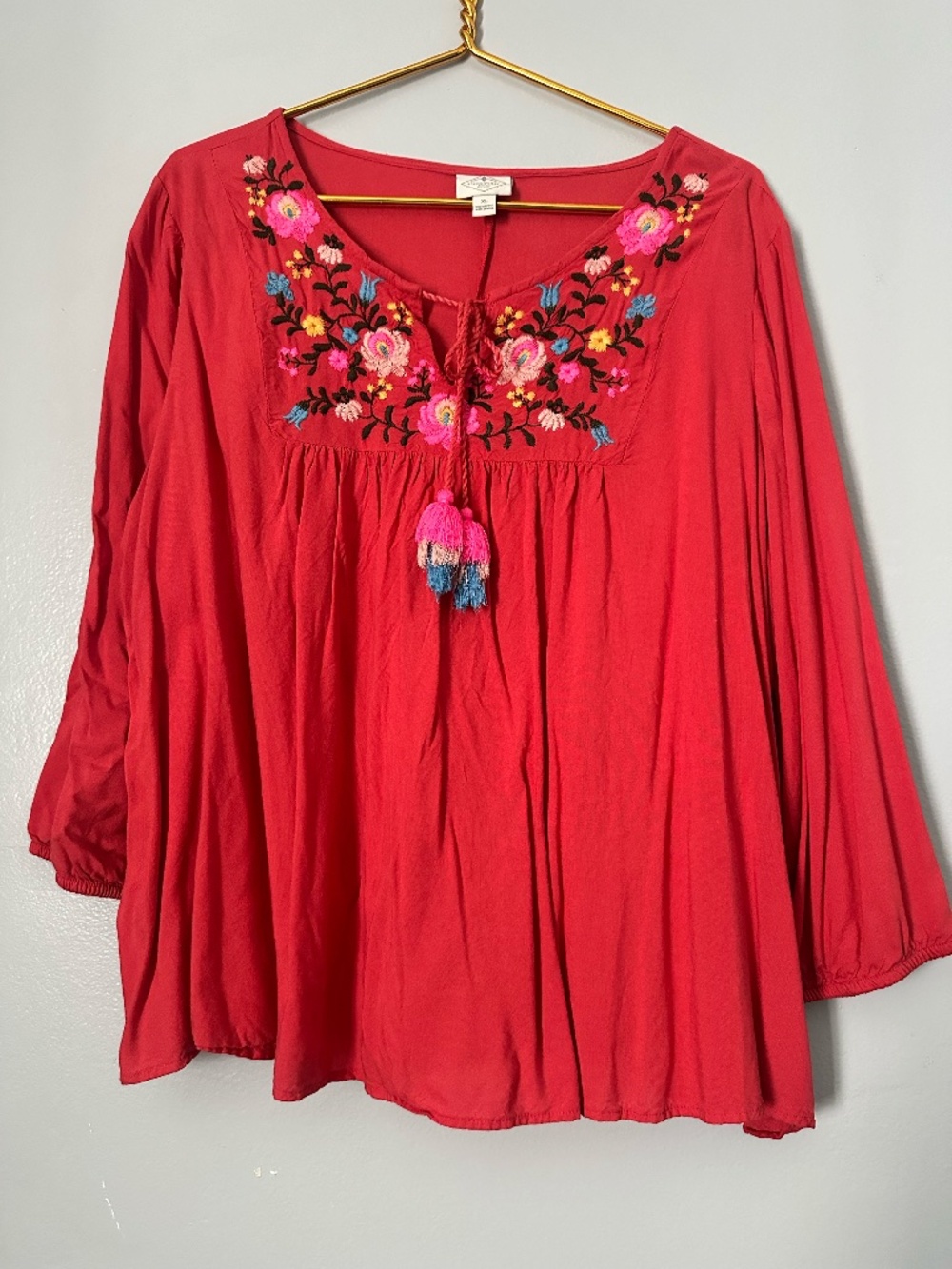 St. John's Bay Embroidered Floral Blouse with Tassels